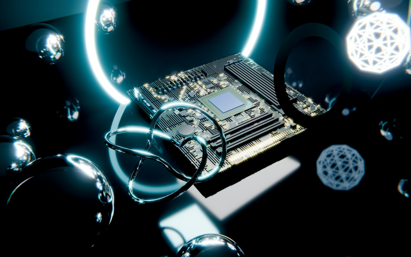 Circuito eletrônico envolto por anéis de luz ciano